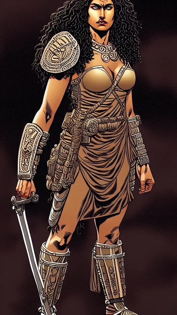 Image similar to greek amazon female warrior, a tall beautiful woman with brown skin and long curly dark hair, dressed in hellenistic body armour, intricate, elegant, highly detailed, smooth, sharp focus, detailed face, high contrast, graphic novel, art by laurie greasley