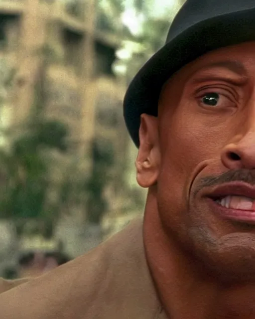 Image similar to film still close up shot of dwayne johnson as inspector clouseau from the movie the pink panther. photographic, photography