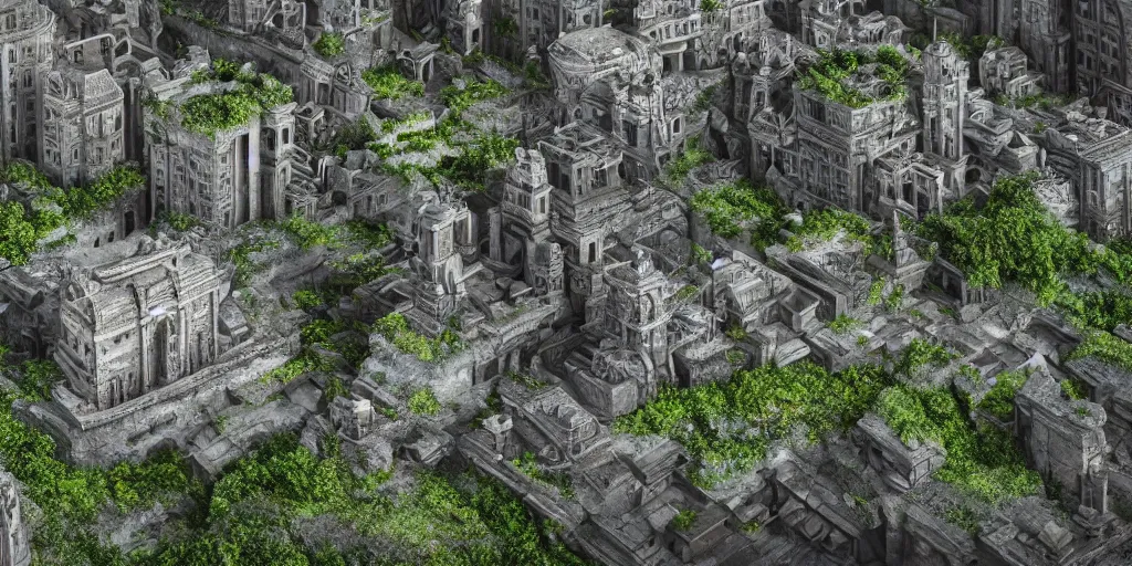 Image similar to a beautiful realistic detailed city carved in a stone, surrounded by mold and moss, photorealistic, octane render, volumetric lighting,