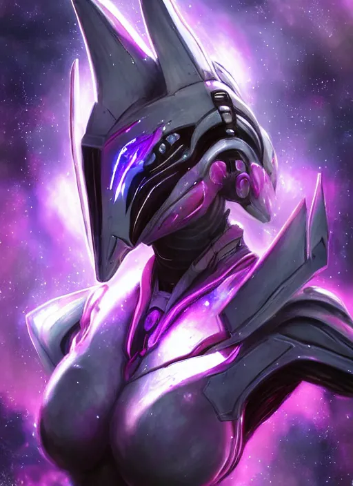 Image similar to cinematic shot, bust, cosmic sized perfectly proportioned stunning beautiful hot female warframe, robot mecha female dragon head, silver armor, fuschia leds, floating in empty space, nebula sized, holding a galaxy, epic proportions, epic size, epic scale, furry art, dragon art, giantess art, warframe fanart, furaffinity, deviantart