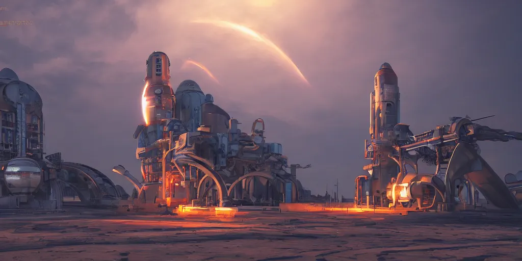 Image similar to futuristic steampunk rocket launch station, baikonur, stunning volumetric lighting, sundown, trending on Artstation, 8k, photorealistic, hyper detailed, unreal engine 5, cinematic, epic lighting, cryengine, octane render, cyberpunk, red and orange glow