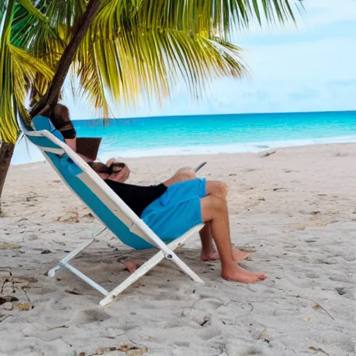 Image similar to spaceman lounging on a beach chair and on the beach having pina colada