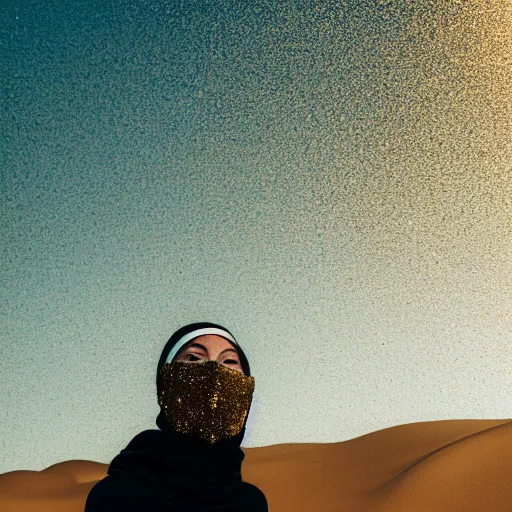 Prompt: female balaclava photography portrait, desert wind, golden particles flying in the air, bokeh, golden hour