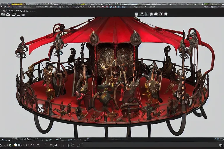 Image similar to 3d sculpt of an evil ironwork carousel, artstaton, League of Legends, red dead redemption2, overwatch, digital illustration