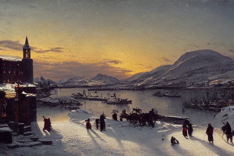 Prompt: Tromsø in winter painted by Ludwig Deutsch and Rudolf Ernst, strong dramatic cinematic lighting, smooth, sharp focus, aurora borealis, extremely detailed