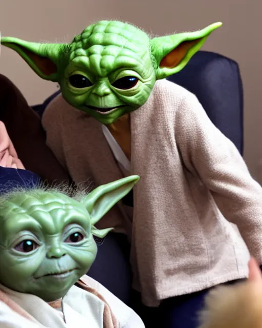 Image similar to stock photos of baby yoda visiting elderly people at a nursing home, hyperreal