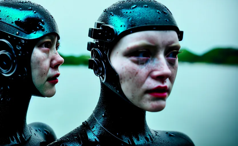 Image similar to cinestill 5 0 d candid action photographic portrait by stanley kubrick of two loving female androids wearing rugged black mesh techwear in treacherous waters, extreme closeup, modern cyberpunk retrofuturism moody emotional cinematic, pouring iridescent rain, 8 k, hd, high resolution, 3 5 mm, f / 3 2, motion blur, ultra realistic faces, ex machina