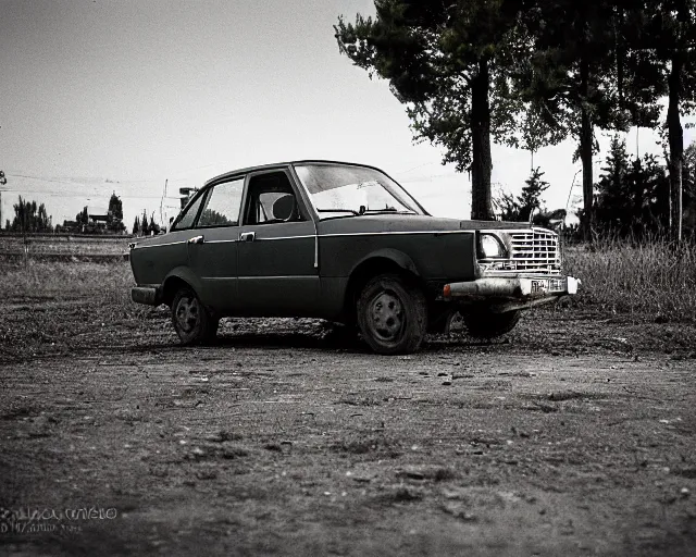 Image similar to a lomographic photo of old lada 2 1 0 7 standing in typical soviet yard in small town, hrushevka on background, cinestill, bokeh