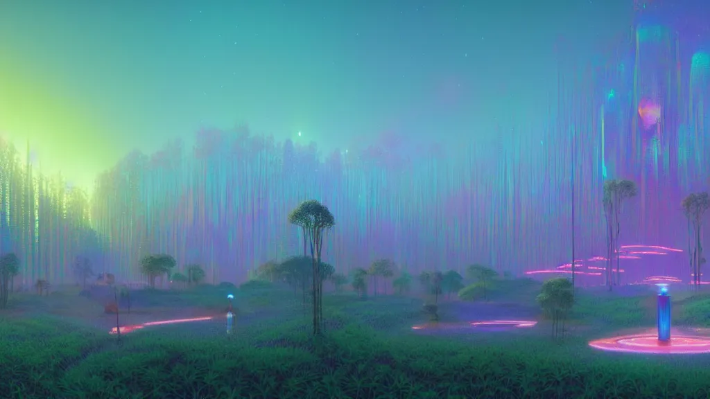 Prompt: highly detailed holographic iridescent glowing ethereal sci fi world with forests, deserts, oceans, at dusk, by gilbert williams, by simon stalenhag, by beeple, by bruce pennington, by moebius, octane render, with many different pastel shades of blue pink orange yellow green, beautiful volumetric lighting, prismatic fire