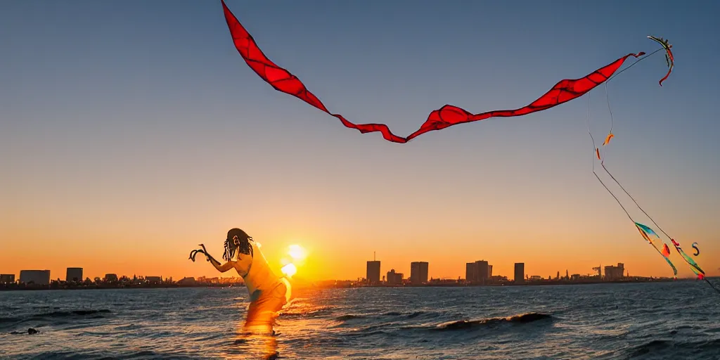 Prompt: Snoop Dogg flying a kite in LBC in the sunset, highly detailed