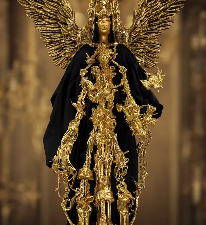 Image similar to full length picture angel wearing black robe with gold wings in an elaborate cathedral, sharp focus, DOF, unreal engine, 8k, ultra detailed, photorealistic + sigma 105mm f2.8 macro