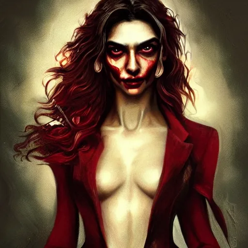 Image similar to portrait of deepika padukone upper body in bloody business suit, blood red eyes, vampire fangs, fantasy, intricate, elegant, highly detailed, digital painting, artstation, concept art, matte, sharp focus, illustration, art by aenaluck and roberto ferri and greg rutkowski, epic fantasy, digital painting