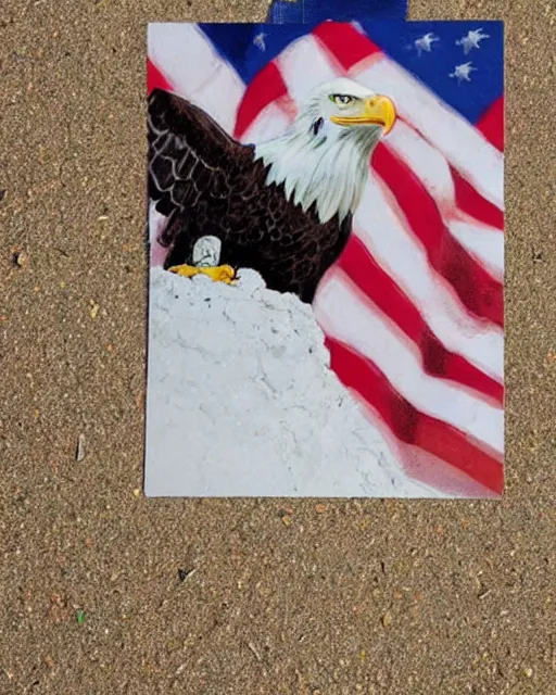 Image similar to postcard showing 'a cool bald eagle perched on a beach chair with shades and a beer bottle' laying in the sand, advertisement, american flag