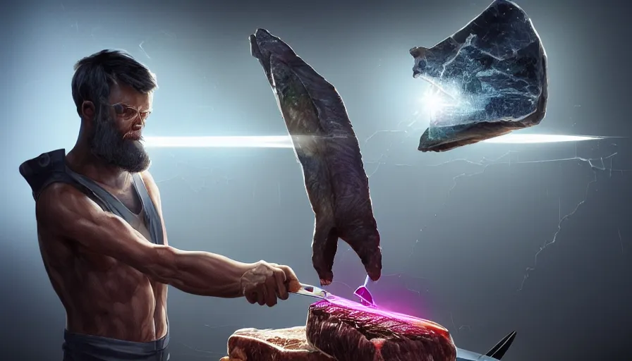 Prompt: homelander cutting a piece of steak with lazers coming from his eyes, hyperdetailed, artstation, cgsociety, 8 k