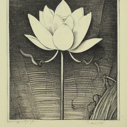 Image similar to illustration of lotus flower, etching by louis le breton, 1 8 6 9, 1 2 0 0 dpi scan