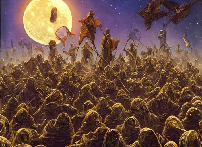 Image similar to beautiful as the moon, terrible as an army with banners. art by james c. christensen and james gurney