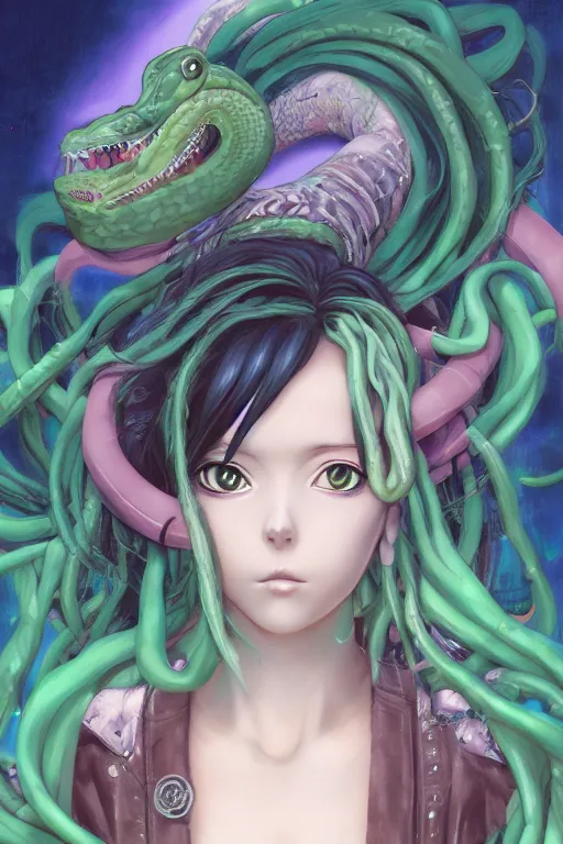 Prompt: portrait of an anime manga girl with green snake dreads, straight on portrait, by artgerm, james jean, tom bagshaw, gerald brom, vaporwave colors, lofi colors, vaporwave, lofi, goth vibe, 4 k, smooth, hd, substance designer render, full body character concept art, symmetrical,