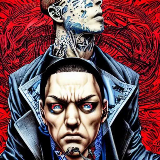 Image similar to portrait closeup of crazy eminem, symmetrical, by yoichi hatakenaka, masamune shirow, josan gonzales and dan mumford, ayami kojima, takato yamamoto, barclay shaw, karol bak, yukito kishiro