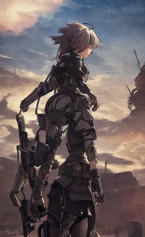 Image similar to panoramic view, a cyborg girl, soldier clothing, battlefield in background, anime style, hair down, symmetrical facial features, realistic hands, from arknights, hyper realistic, 4 k, extreme detail, d & d, trending artstation, safebooru, realistic lighting, by alphonse mucha, greg rutkowski, sharp focus