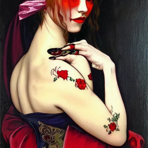 Image similar to A beautiful painting of a lady vampire, colorful arm tattoo, victorian, dracula, ominous, oil on canvas, photorealism, alphonse mucha, caravaggio, irwin penn, high definition, soft light