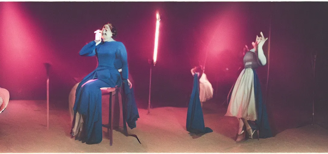 Prompt: an opera singer in a blue, barren land lit with a pink spotlight, 35mm, cinematic