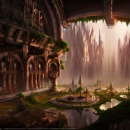 Image similar to inside a magical ethereal elven city, highly detailed, 4k, HDR, award-winning, octane render, artstation