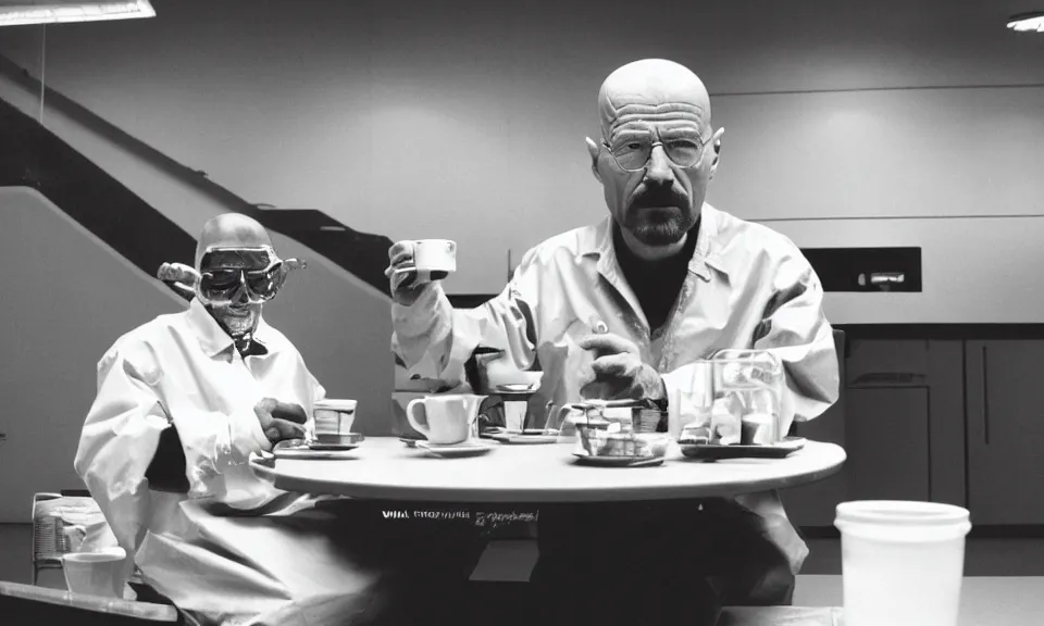 Prompt: 3 5 mm film still, walter white having a coffee break in space