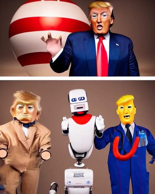 Image similar to Donald Trump as an animatronic Robot, Hyperreal, highly detailed hands and Face, Studio Lighting, in the Style of Disney Imagineering