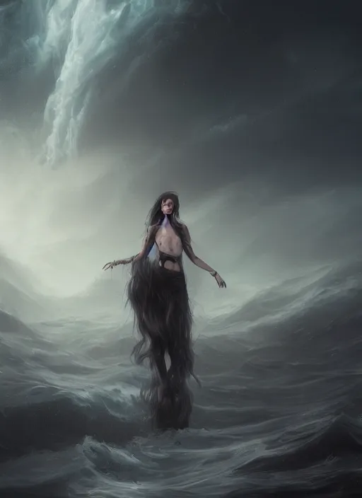 Prompt: a portrait of a creepy sea witch with dark turbulent skies, photorealistic, by jessica rossier, 4 k resolution