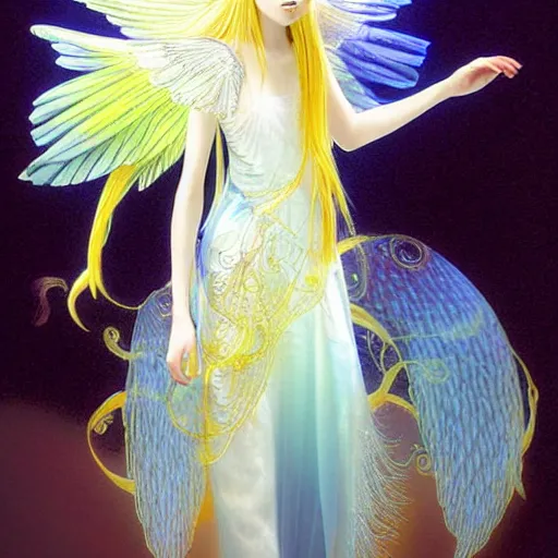 Image similar to anthropomorphic angel with betta fish dress, white and gold color palette, by Yoshitaka Amano, ethereal, dreamy, god rays