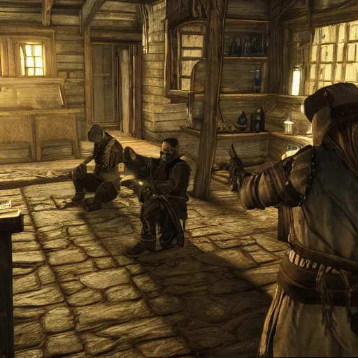 Image similar to jesse pinkman thieves guild gets caught by riften town guard, tamriel, elder scrolls, skyrim, adventuring gear, highly detailed