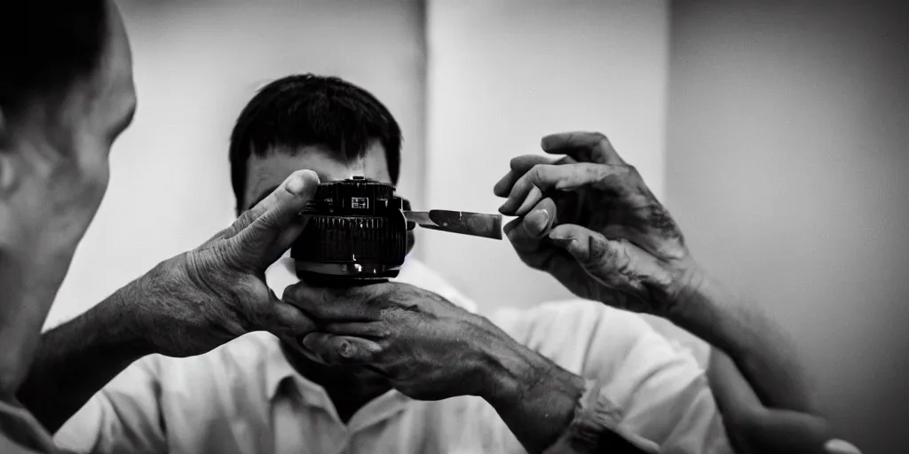 Prompt: dslr a man removing a nail from his third eye, 5 0 mm f 1. 8