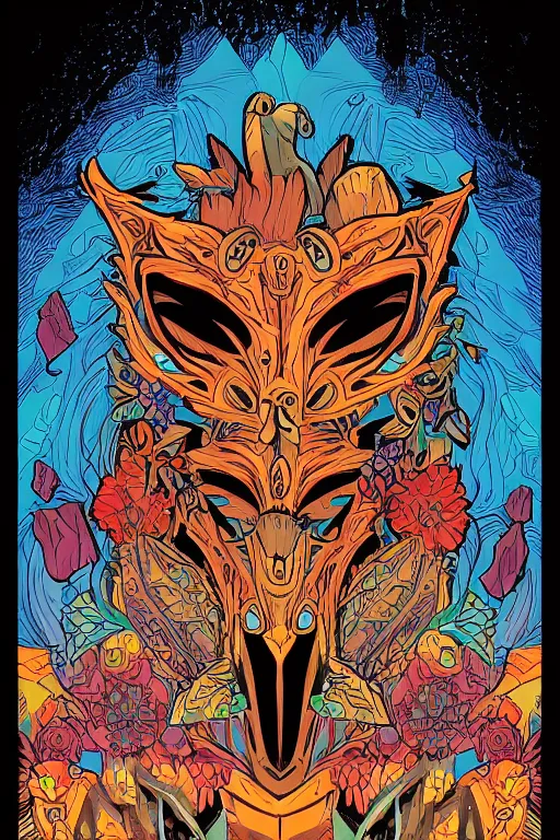 Image similar to animal mask totem roots flower tribal feather gemstone plant wood rock shaman vodoo video game vector cutout illustration vivid multicolor borderlands comics by josan gonzales and dan mumford radiating a glowing aura