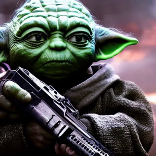 Image similar to Yoda in gears of war, splash art, movie still, detailed face, cinematic lighting, dramatic, octane render, long lens, shallow depth of field, bokeh, anamorphic lens flare, 8k, hyper detailed, 35mm film grain