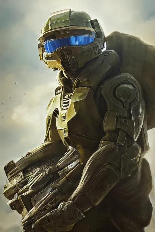 Image similar to pidgey playing as master chief, oil on canvas, intricate, portrait, 8 k highly professionally detailed, hdr, cgsociety