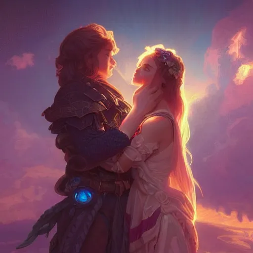 Image similar to a young couple hugging each other in a retrowave environment, D&D, fantasy, intricate, elegant, highly detailed, digital painting, artstation, concept art, matte, sharp focus, illustration, hearthstone, art by Artgerm and Greg Rutkowski and Alphonse Mucha