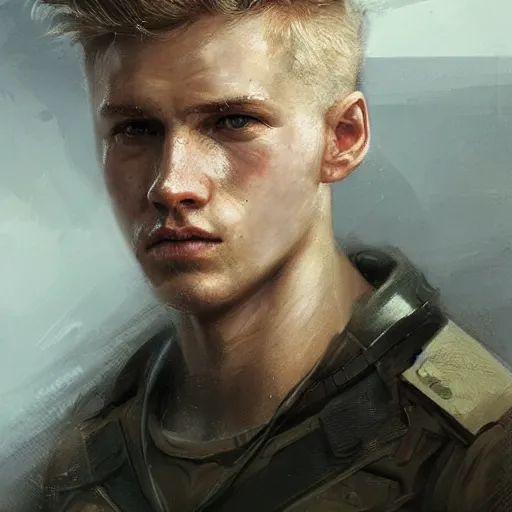 Image similar to Portrait of a man by Greg Rutkowski, he is about 20 years old, norwegian, short blond hair, young, manly, attractive, strong, older brother vibes, he is wearing futuristic military fatigues, highly detailed portrait, scifi, digital painting, artstation, concept art, smooth, sharp foccus ilustration, Artstation HQ