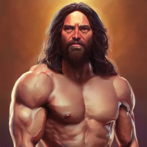 Image similar to Muscular jesus, digital art by Mandy Jurgens and Irina French and Heraldo Ortega , hyperdetailed, artstation, cgsociety