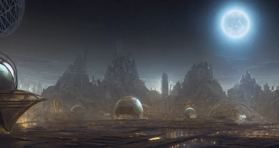 Image similar to cinematic shot, futuristic city on the moon inside a giant geodesic dome, utopian, night, stars, digital painting, artstation, concept art, smooth, sharp focus, illustration, intricate, elegant, highly detailed, in the style of greg rutkowski and alphonse mucha and artemisia, 8 k, highly detailed, jurgens, rutkowski
