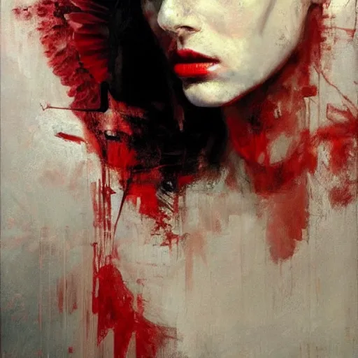 Image similar to portrait of the death angel, beautiful female face, angelic, dark, blood, by jeremy mann, by lucian freud, god rays, warrior face painting red, wings