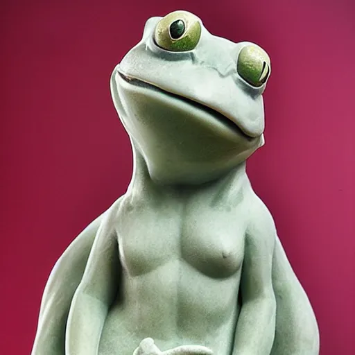 Prompt: marble statue of a serious looking frog, realistic