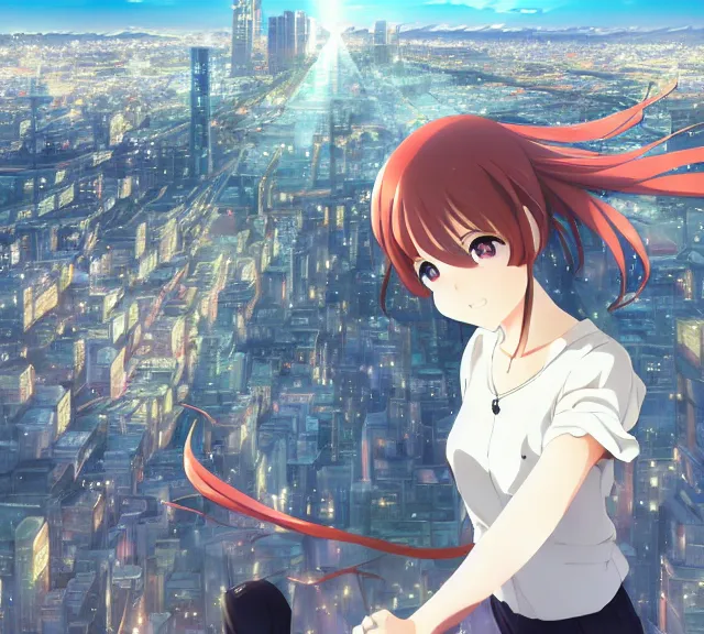 Image similar to anime visual, full body portrait of a young female sightseeing in a part above the city, beautiful face by yoh yoshinari, katsura masakazu, dramatic lighting, dynamic pose, dynamic perspective, strong silhouette, anime cels, ilya kuvshinov, cel shaded, outlined edges!!, rounded eyes, moody, detailed character