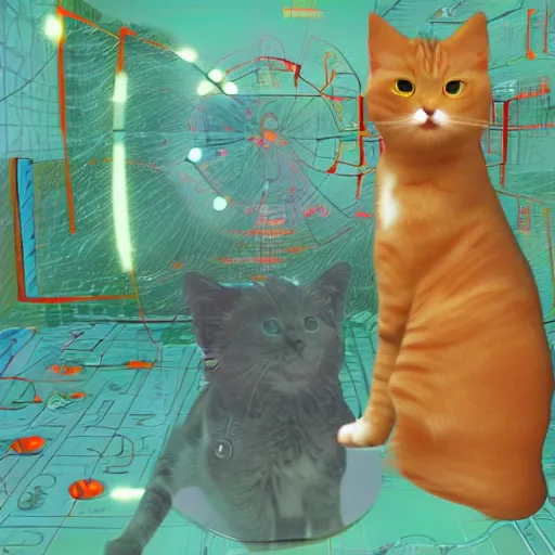 Image similar to strange attractor, but with cats in cyberspace, fantasy