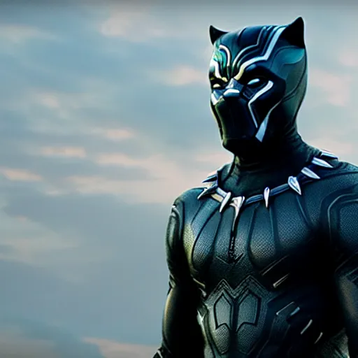 Prompt: cinematic film still of Ryan Gosling as Black Panther wearing his armour without the helmet in Avengers: Endgame