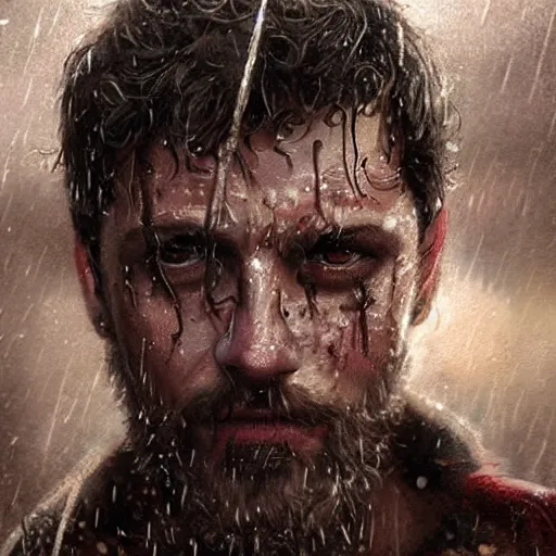 Image similar to gladiator, peter parker with beard, scarred, wet, raining, close up, rim lighting, portrait, sinister atmospheric lighting. highly detailed painting by greg rutkowski, anime style