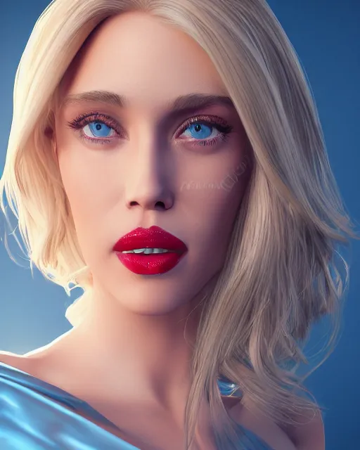 Image similar to side closeup of beautiful cute blonde - haired blue - eyed female wearing elegant silk dress and high - heels, lipstick, award winning full - length photography, extremely detailed, artstation, 8 k, sensual lighting, incredible art, wlop, pixar, disney, artgerm, backlit, rim lighting, hi - fructose