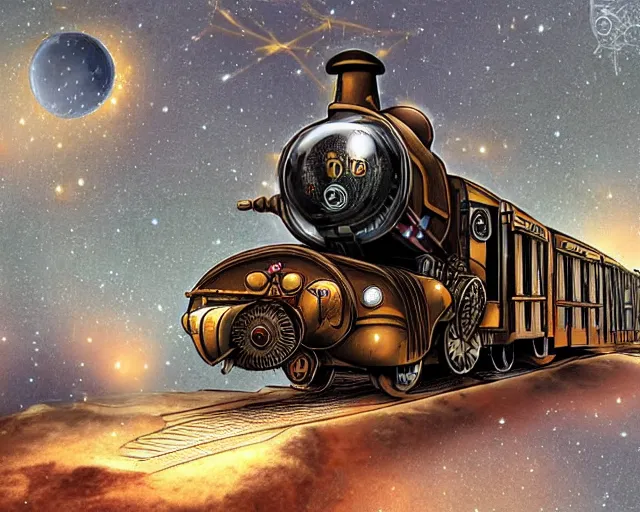 Image similar to steampunk train in space, digital Art, Rendering