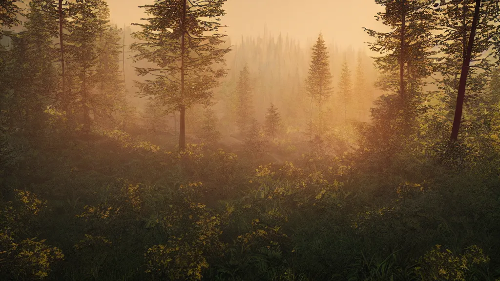 Image similar to beautiful view of a forest from a mountain, river, mountain in the background, misty, golden hour, trending on Artstation, octane render, unreal engine, visually stunning, award winning
