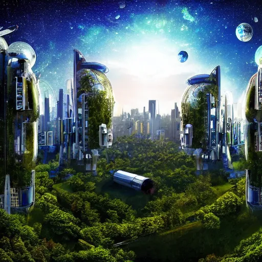 Image similar to space habitat, city in space, forest, wide angle, panoramic,