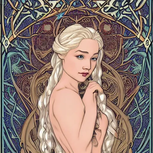 Image similar to ann heche as daenerys targaryen, mucha style,